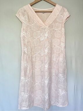 Lina Tomei Italy Linen Embroidered V-Neck Dress Pockets Size M